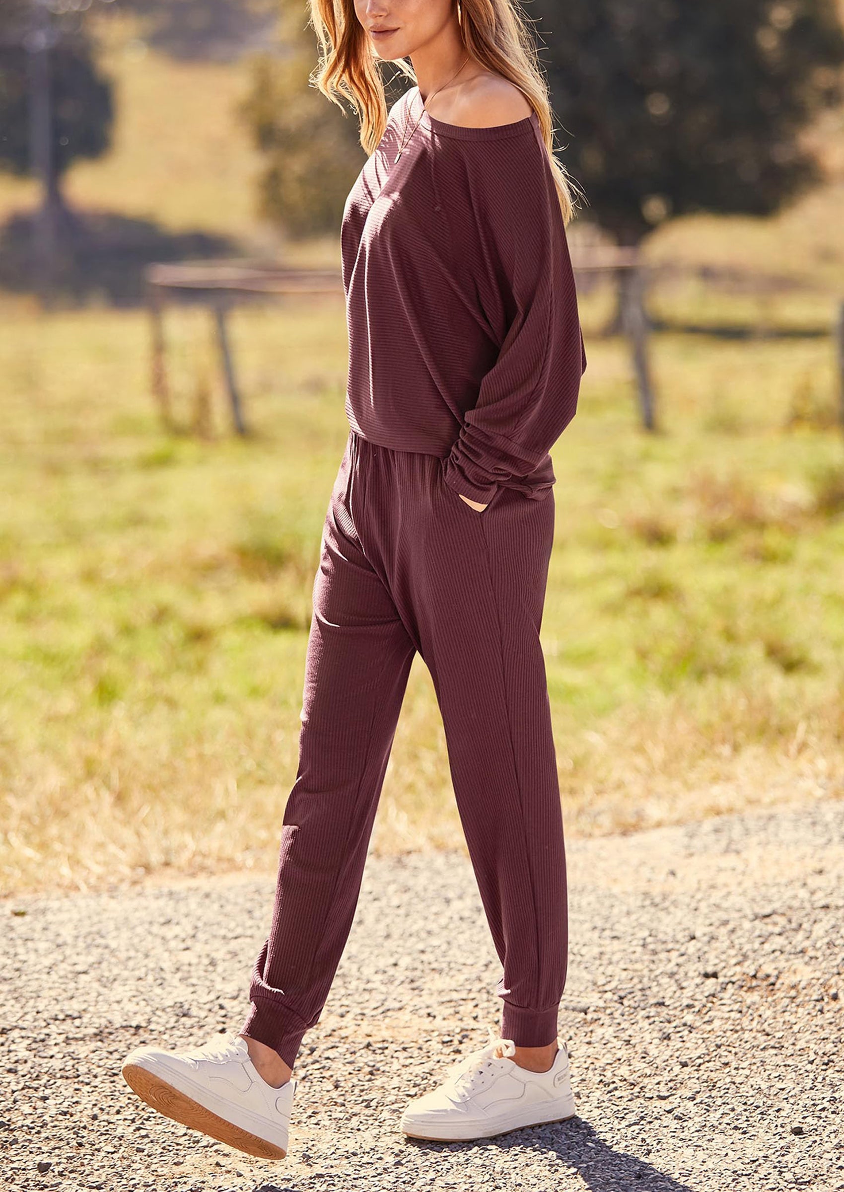 Women's Fall 2 Piece Lounge Set Long Sleeve Tops Ribbed Pants Spring Matching Sweatsuit Travel Outfits Clothes