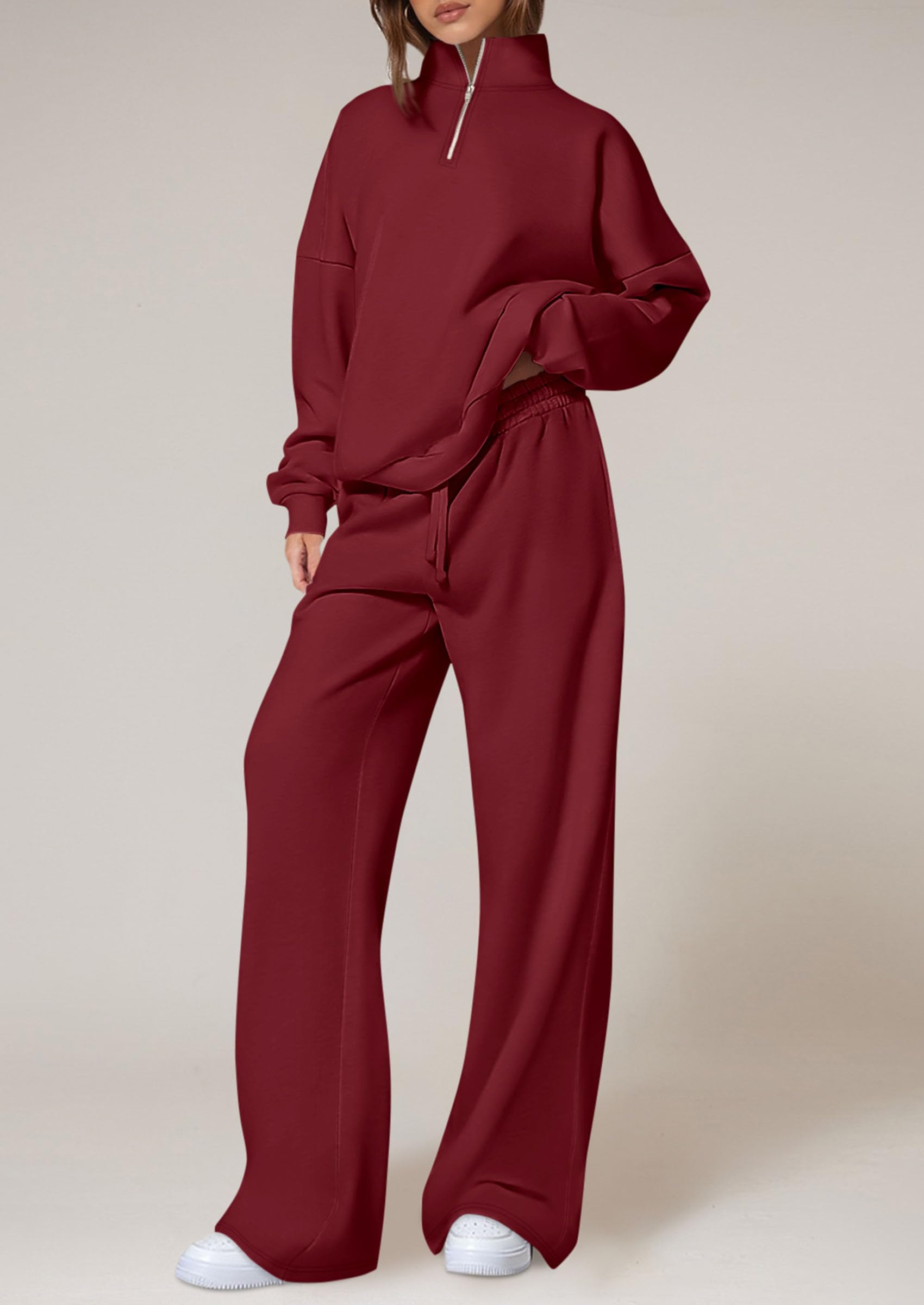 Womens Casual Two Piece Sets Fall Outfits Quarter Zip Sweatshirts Straight Leg Pants Sweatsuits Tracksuit