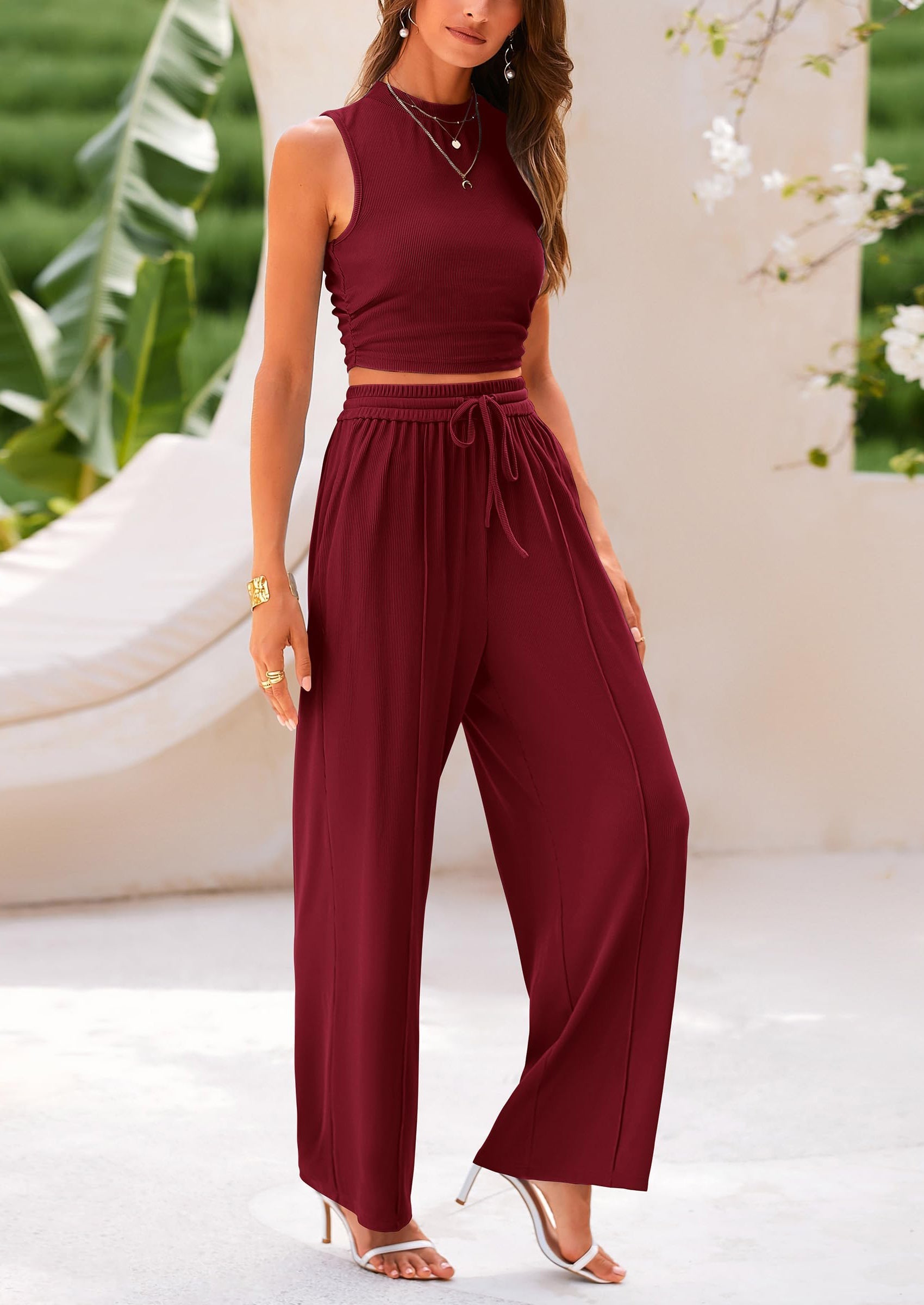 2 Piece Sets Sleeveless Tank Ribbed Travel Vacation Lounge Wear Outfits