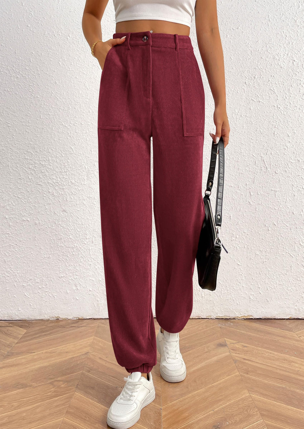 Women's Pants Dressy Casual Fall Elastic High Waisted Work Office Corduroy Trouser Slacks with Pockets