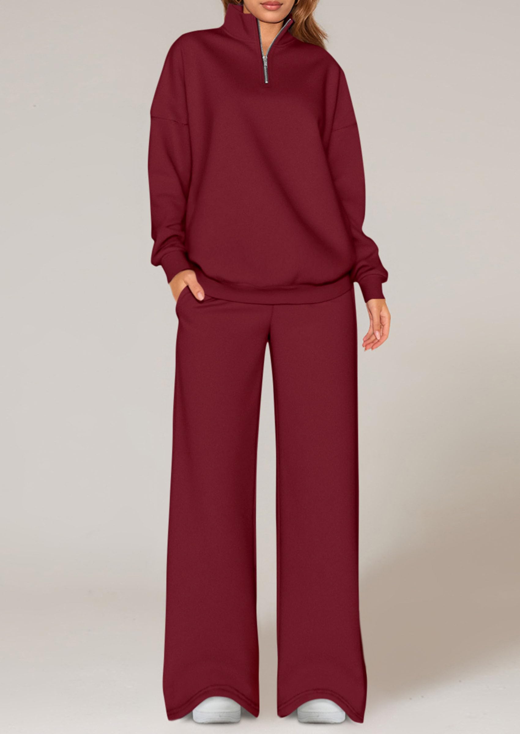 Womens Casual Two Piece Sets Fall Outfits Quarter Zip Sweatshirts Straight Leg Pants Sweatsuits Tracksuit