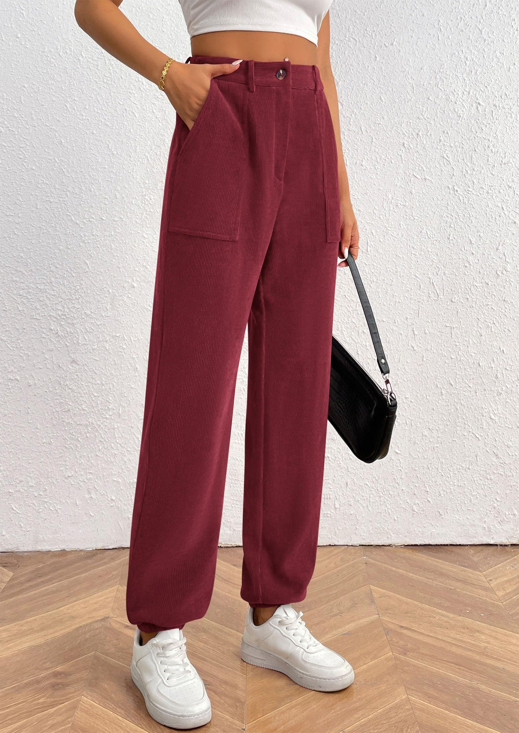 Women's Pants Dressy Casual Fall Elastic High Waisted Work Office Corduroy Trouser Slacks with Pockets