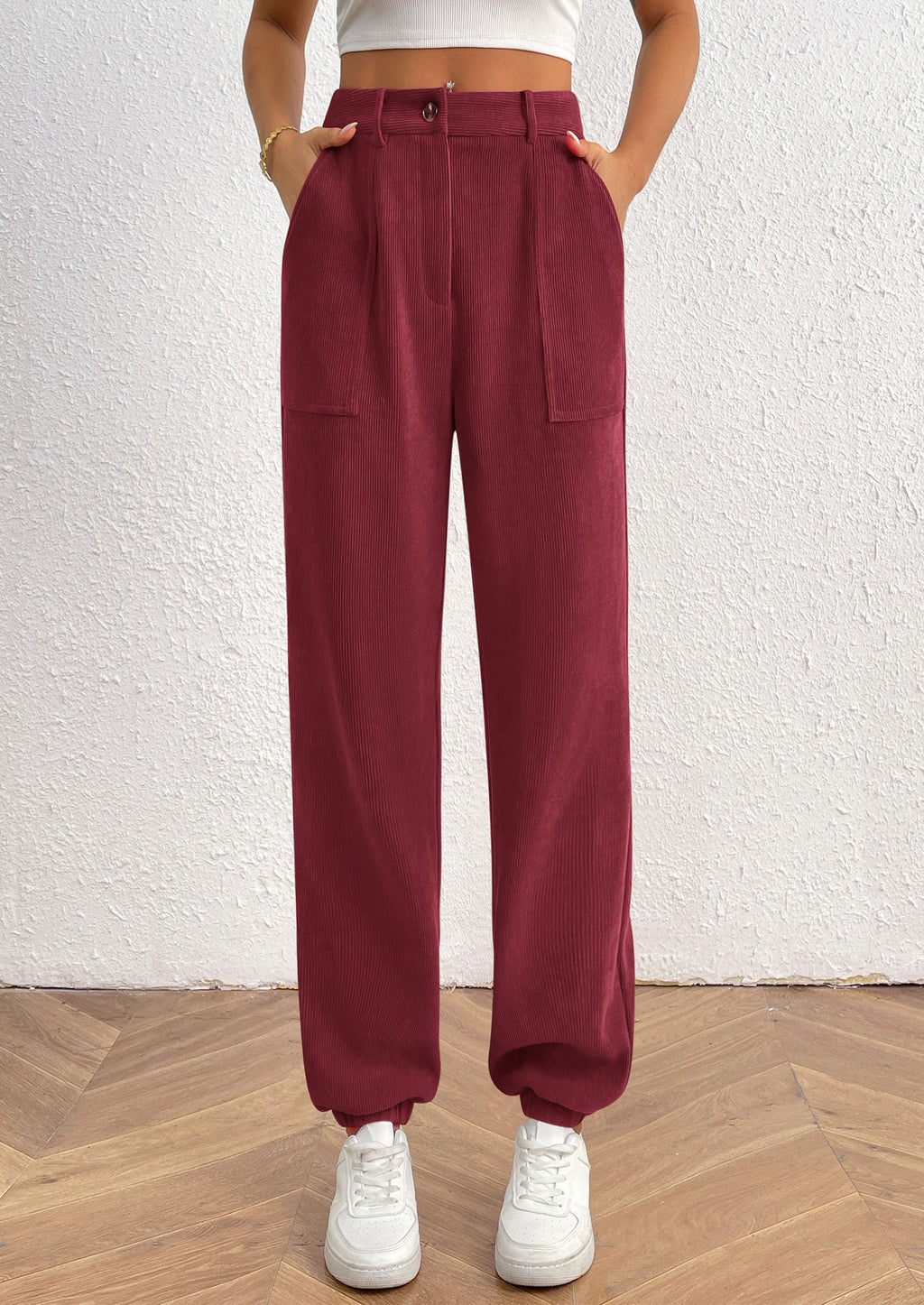 Women's Pants Dressy Casual Fall Elastic High Waisted Work Office Corduroy Trouser Slacks with Pockets
