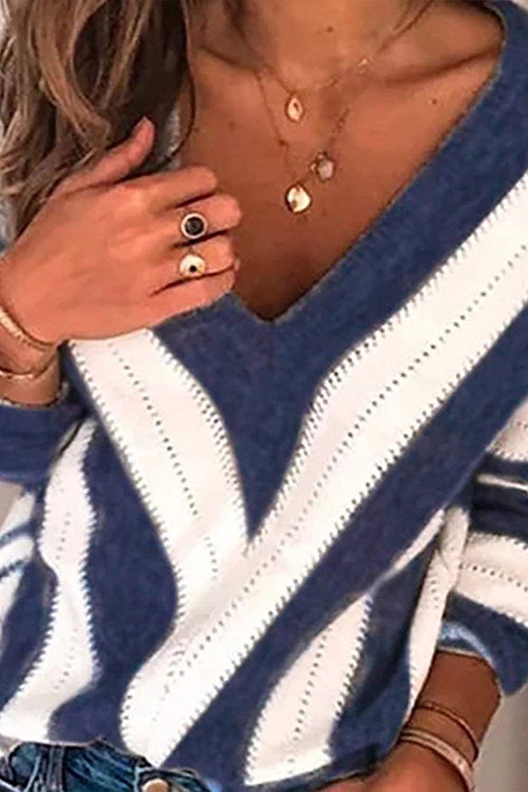 Women's Fashion Long Sleeve Striped Color Block Knitted Sweater Crew Neck Loose Pullover Jumper Tops