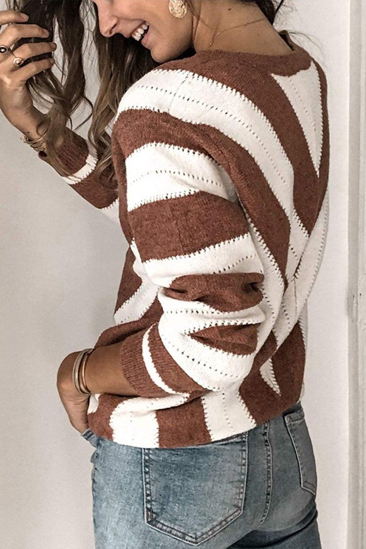 Women's Fashion Long Sleeve Striped Color Block Knitted Sweater Crew Neck Loose Pullover Jumper Tops