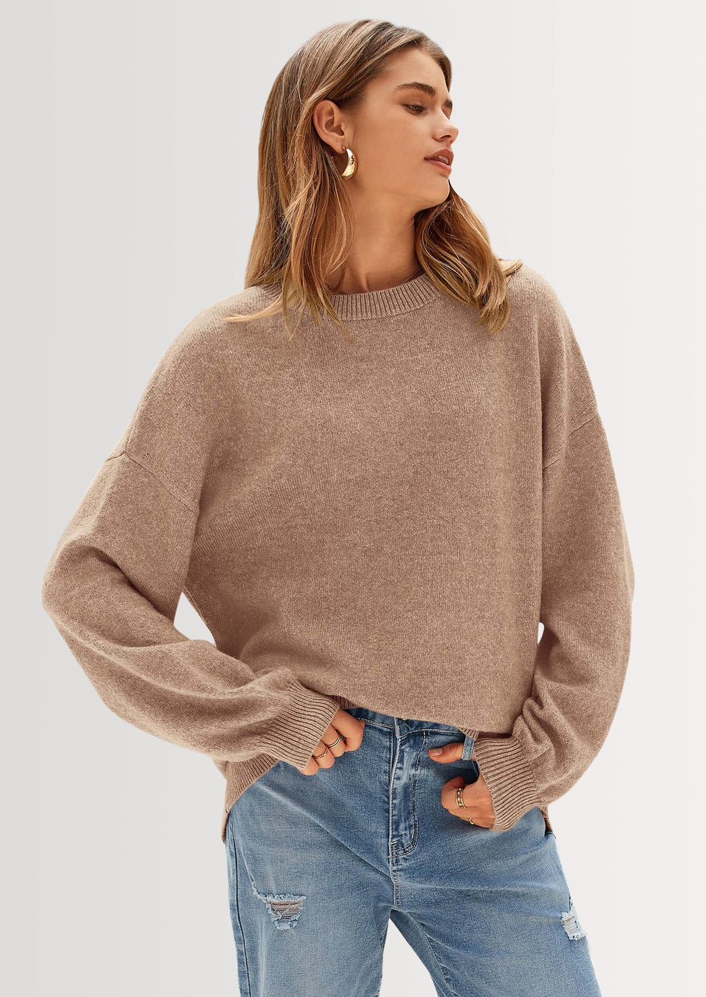 Women's Fall Sweaters Casual Crew Neck Long Sleeve Pullover Tops Ribbed Knit Loose Fit Winter Clothes