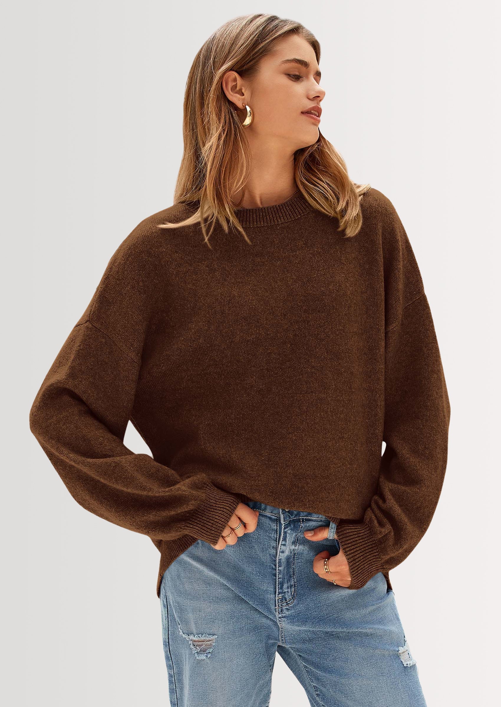 Women's Fall Sweaters Casual Crew Neck Long Sleeve Pullover Tops Ribbed Knit Loose Fit Winter Clothes