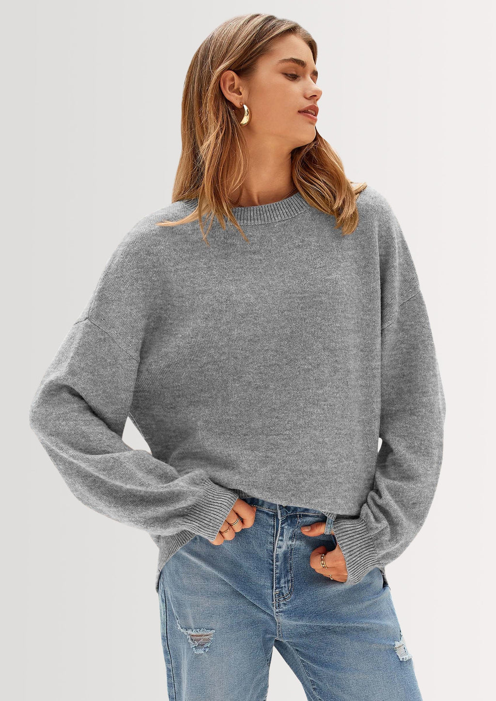 Women's Fall Sweaters Casual Crew Neck Long Sleeve Pullover Tops Ribbed Knit Loose Fit Winter Clothes