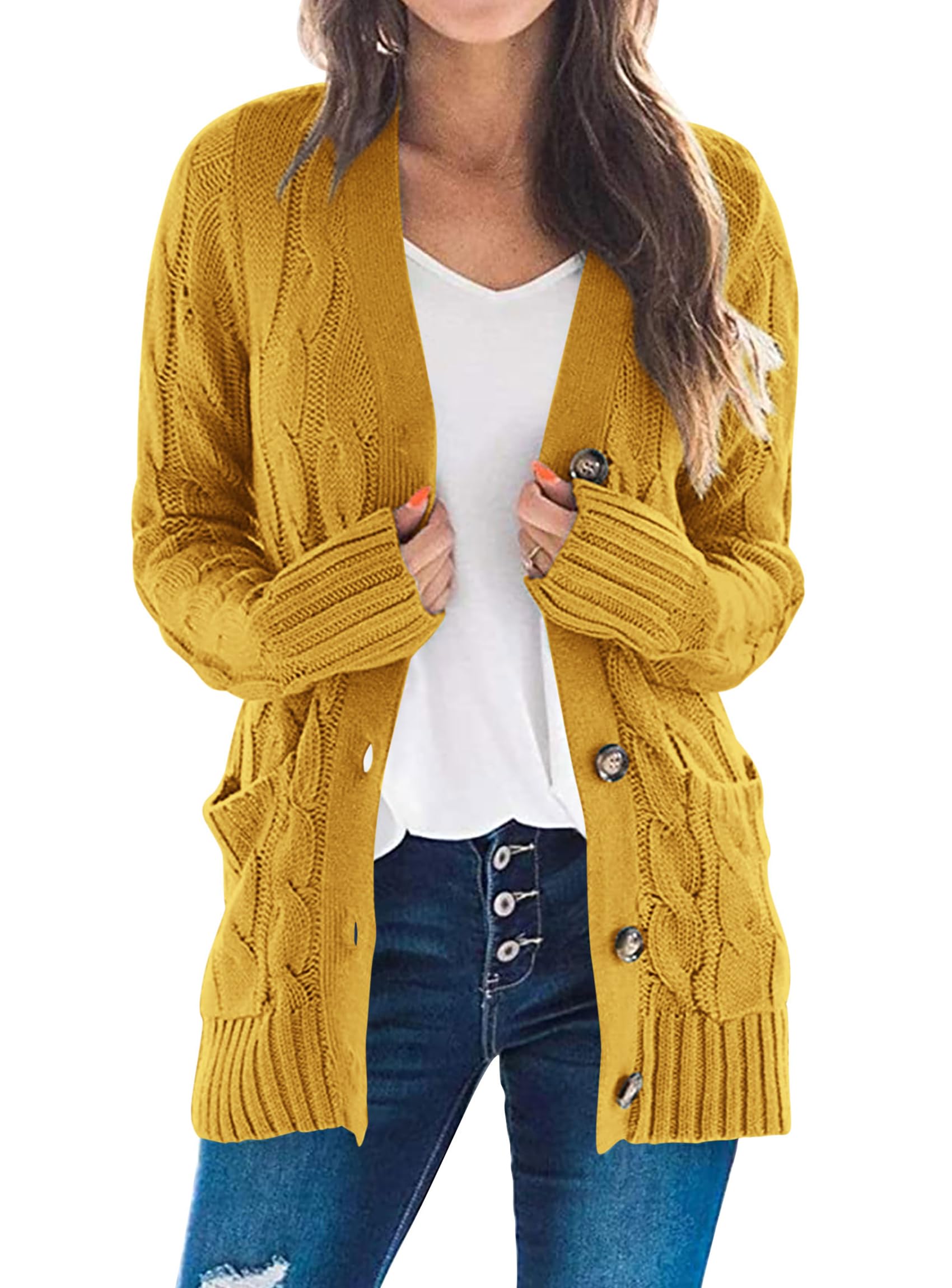 Women's Open Front Cardigan Sweaters Fall Fashion Button Down Cable Knit Chunky Winter Outerwear Coats