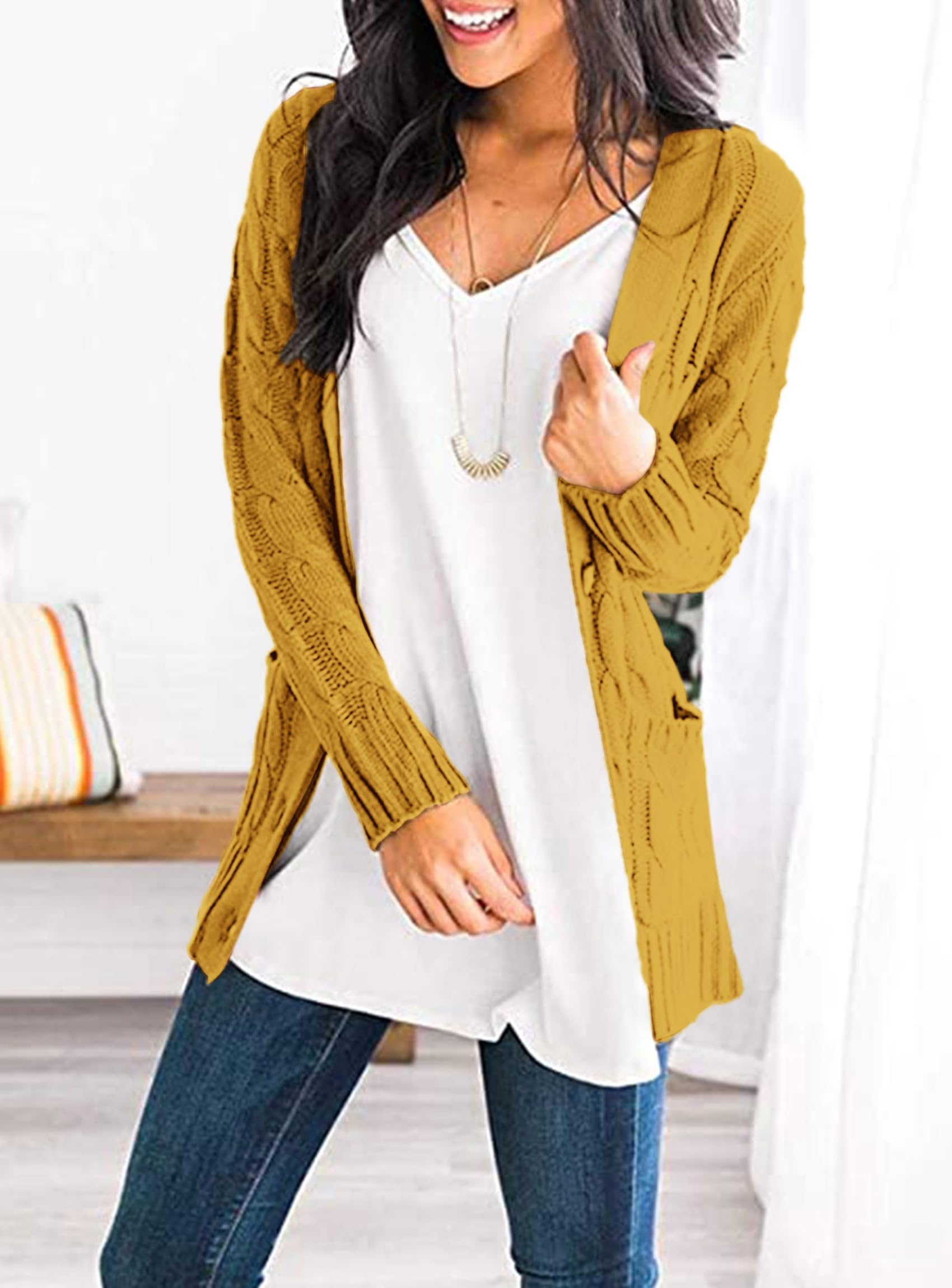 Women's Open Front Cardigan Sweaters Fall Fashion Button Down Cable Knit Chunky Winter Outerwear Coats