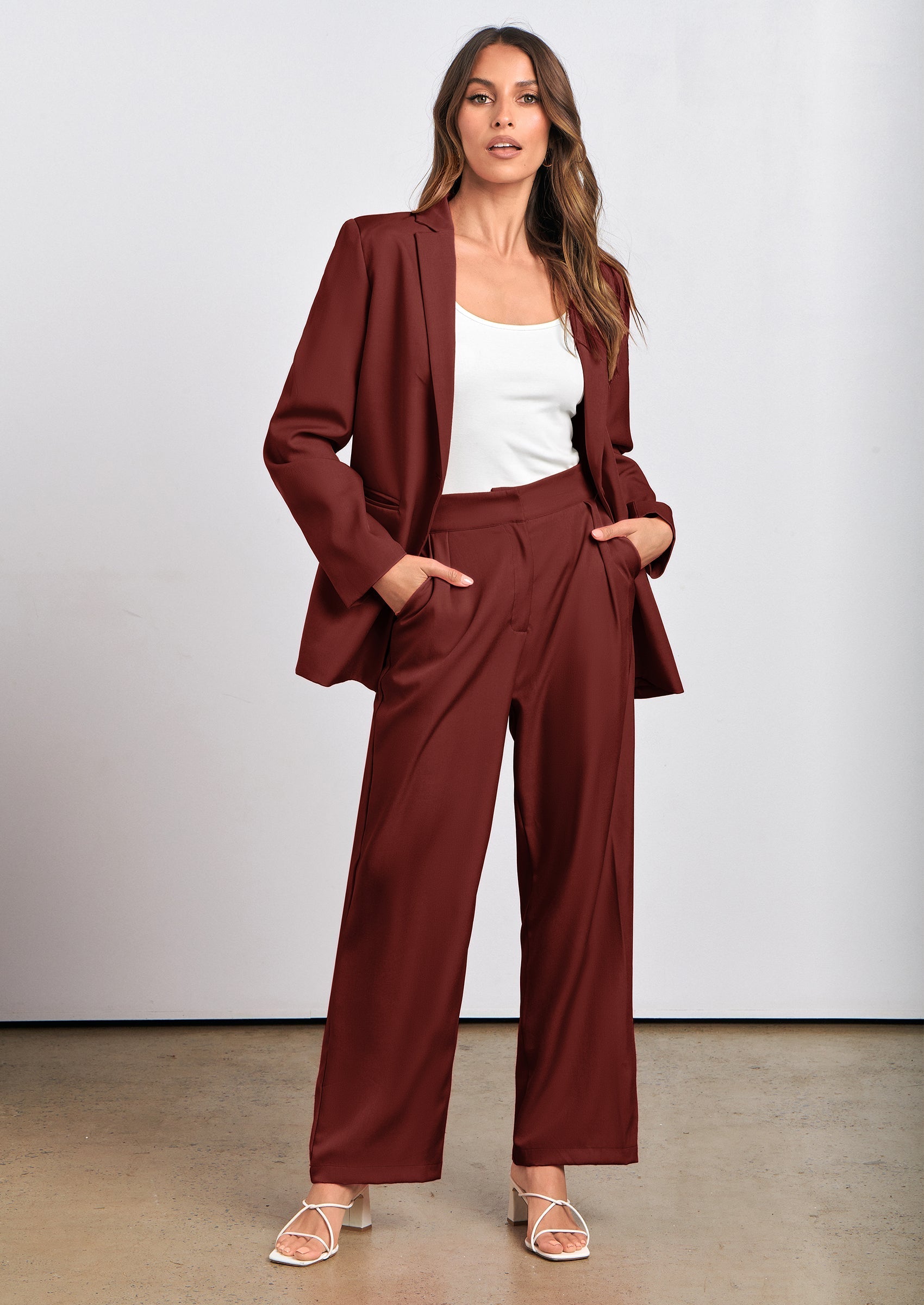Women's Fall Two Piece Outfits Dressy Blazer Jacket and Wide Leg Pants Pockets Business Casual Office Suit Sets
