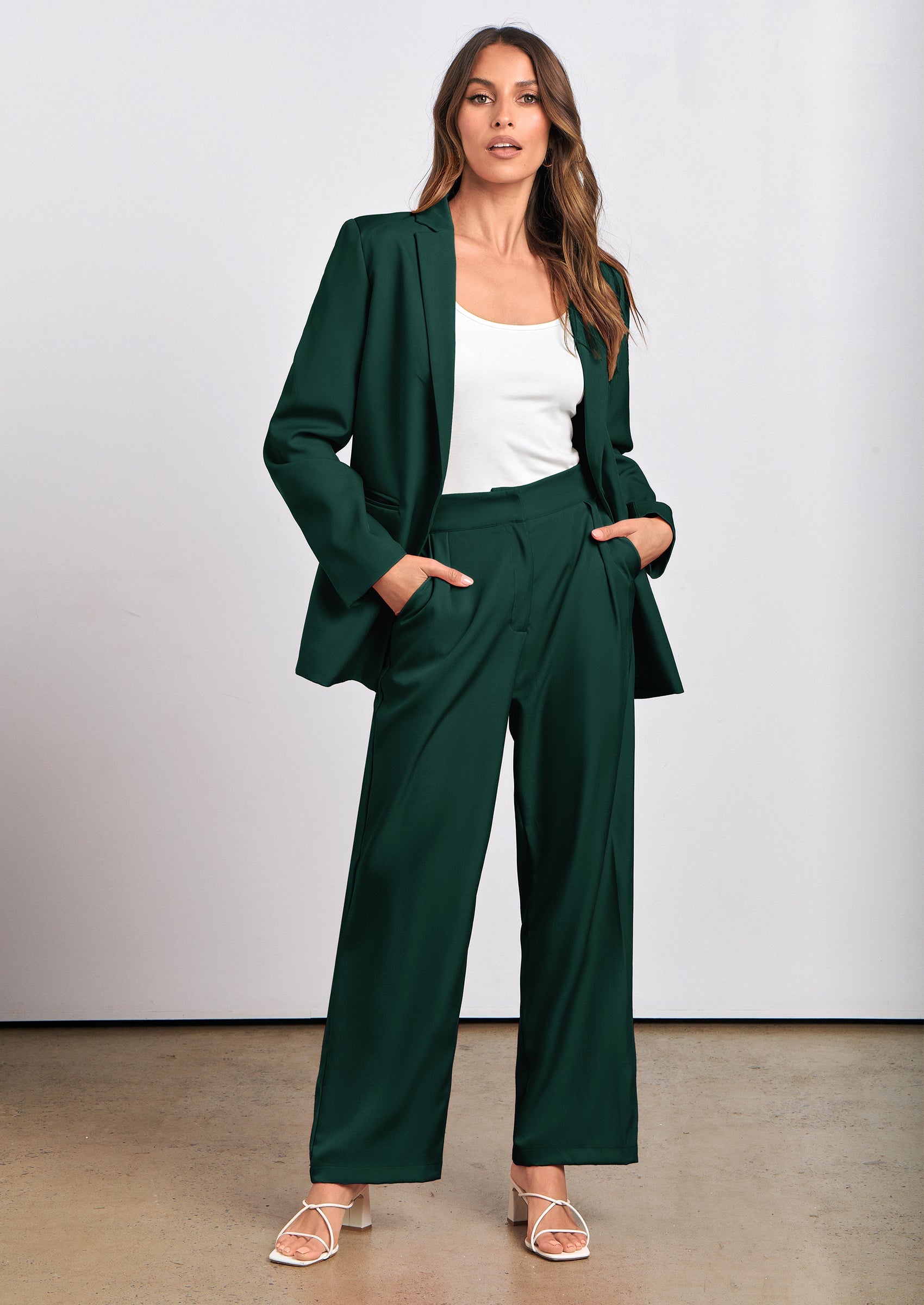 Women's Fall Two Piece Outfits Dressy Blazer Jacket and Wide Leg Pants Pockets Business Casual Office Suit Sets