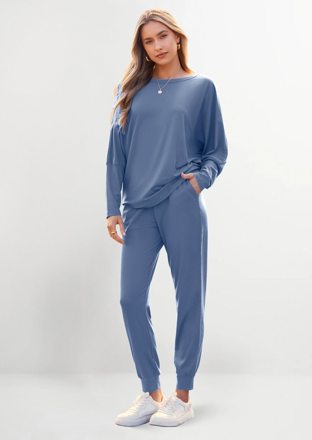 Women's Fall 2 Piece Lounge Set Long Sleeve Tops Ribbed Pants Spring Matching Sweatsuit Travel Outfits Clothes