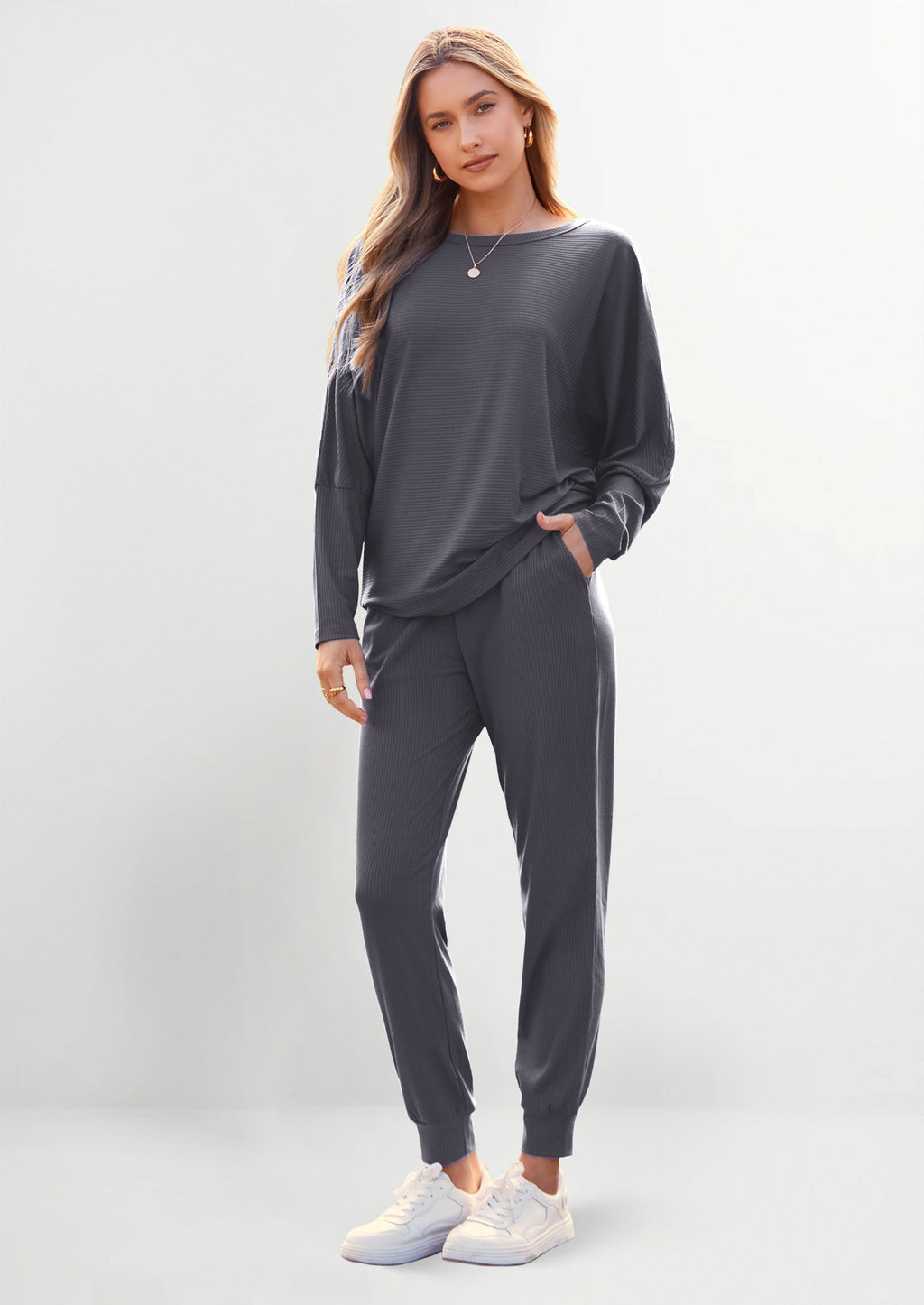 Women's Fall 2 Piece Lounge Set Long Sleeve Tops Ribbed Pants Spring Matching Sweatsuit Travel Outfits Clothes