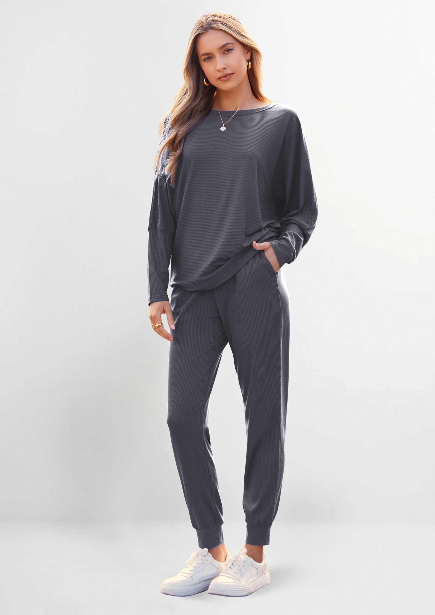 Women's Fall 2 Piece Lounge Set Long Sleeve Tops Ribbed Pants Spring Matching Sweatsuit Travel Outfits Clothes