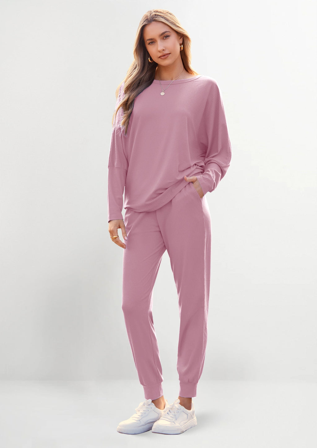 Women's Fall 2 Piece Lounge Set Long Sleeve Tops Ribbed Pants Spring Matching Sweatsuit Travel Outfits Clothes
