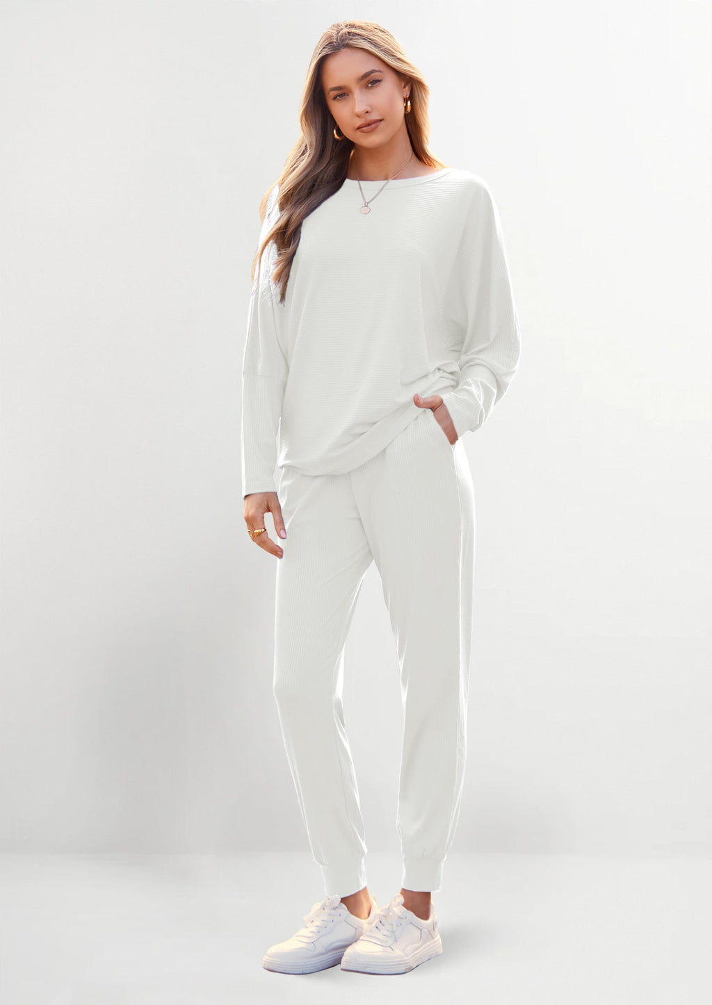 Women's Fall 2 Piece Lounge Set Long Sleeve Tops Ribbed Pants Spring Matching Sweatsuit Travel Outfits Clothes