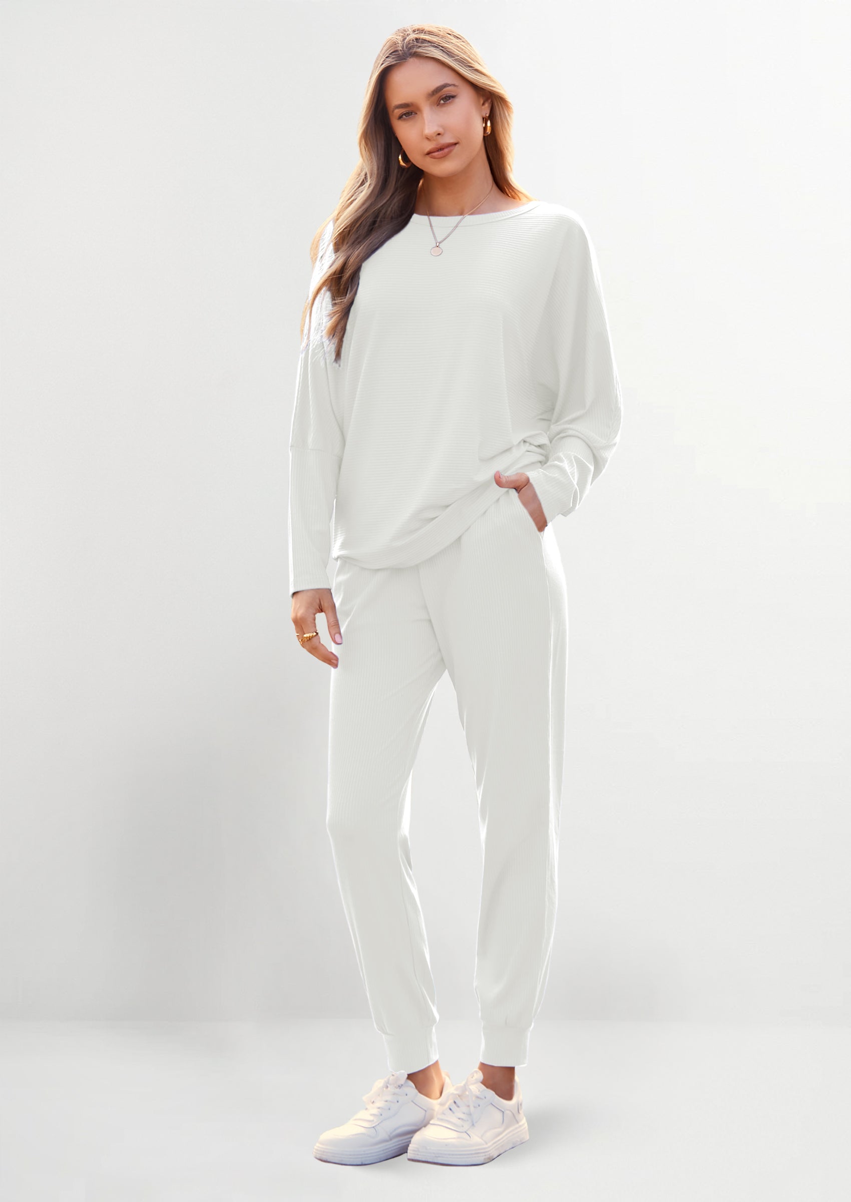 Women's Fall 2 Piece Lounge Set Long Sleeve Tops Ribbed Pants Spring Matching Sweatsuit Travel Outfits Clothes